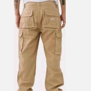 Mens True Religion Baggy Cargo Pants Travertine Tan Size 38x32 Wide Leg Y2K Sk8